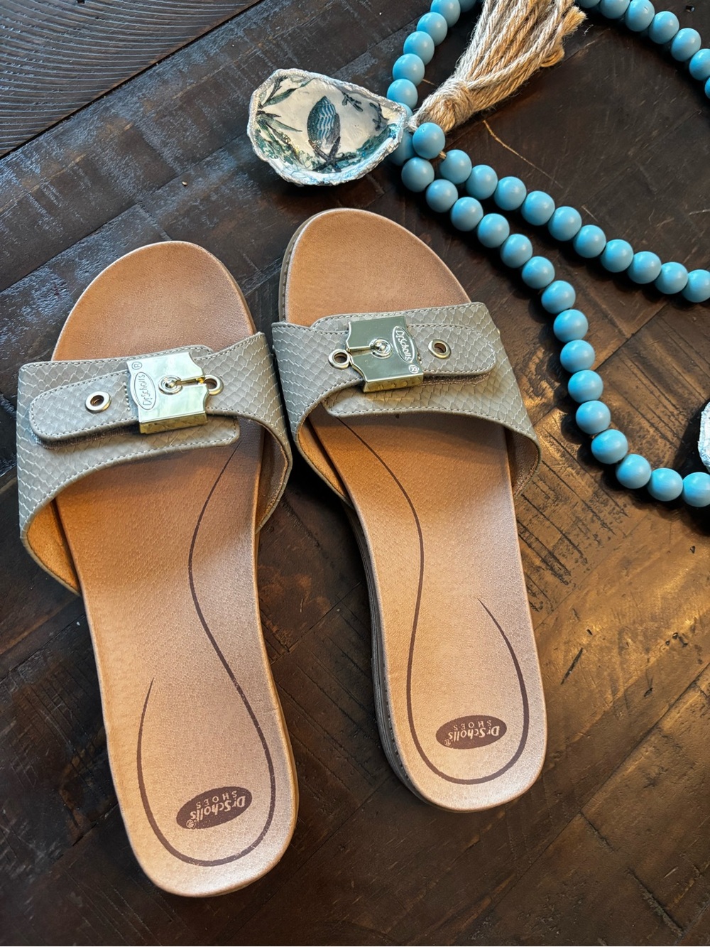 Dr Scholls Originalist Light Tan / Taupe Slide Sandals US 7.5 Buckle Like New✨